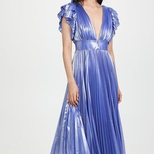 ALICE + OLIVIA NIESHA SUNBURST MIDI DRESS IN PALACE BLUE 0